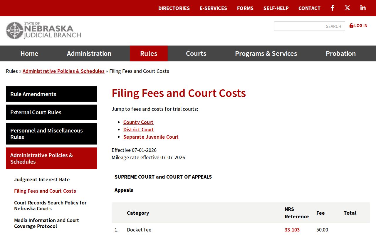 Richardson County traffic court current fees effective 2026
