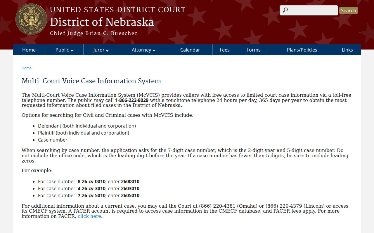 Richardson County court docket federal McVCIS search fields