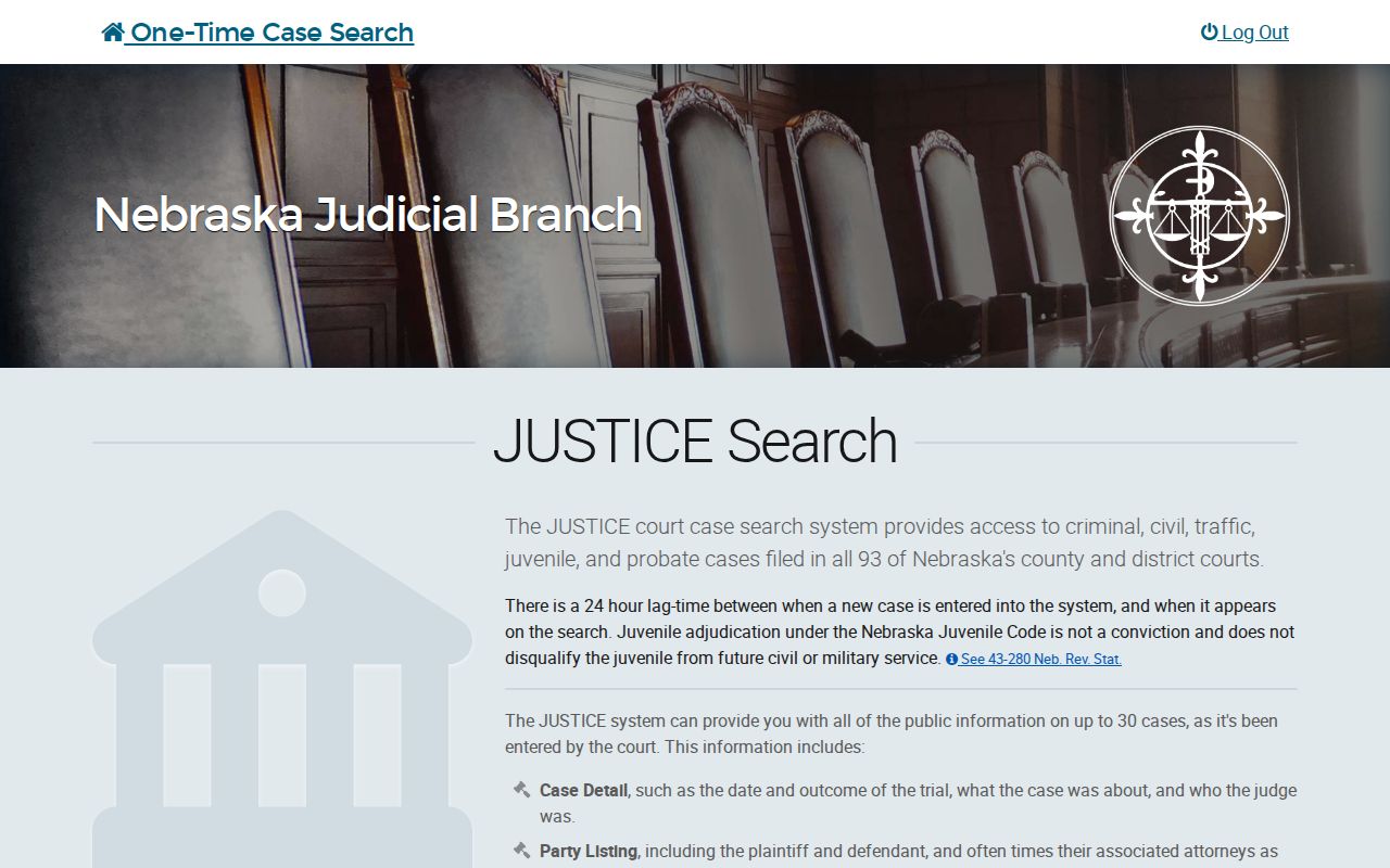 Richardson County case search JUSTICE one-time landing page