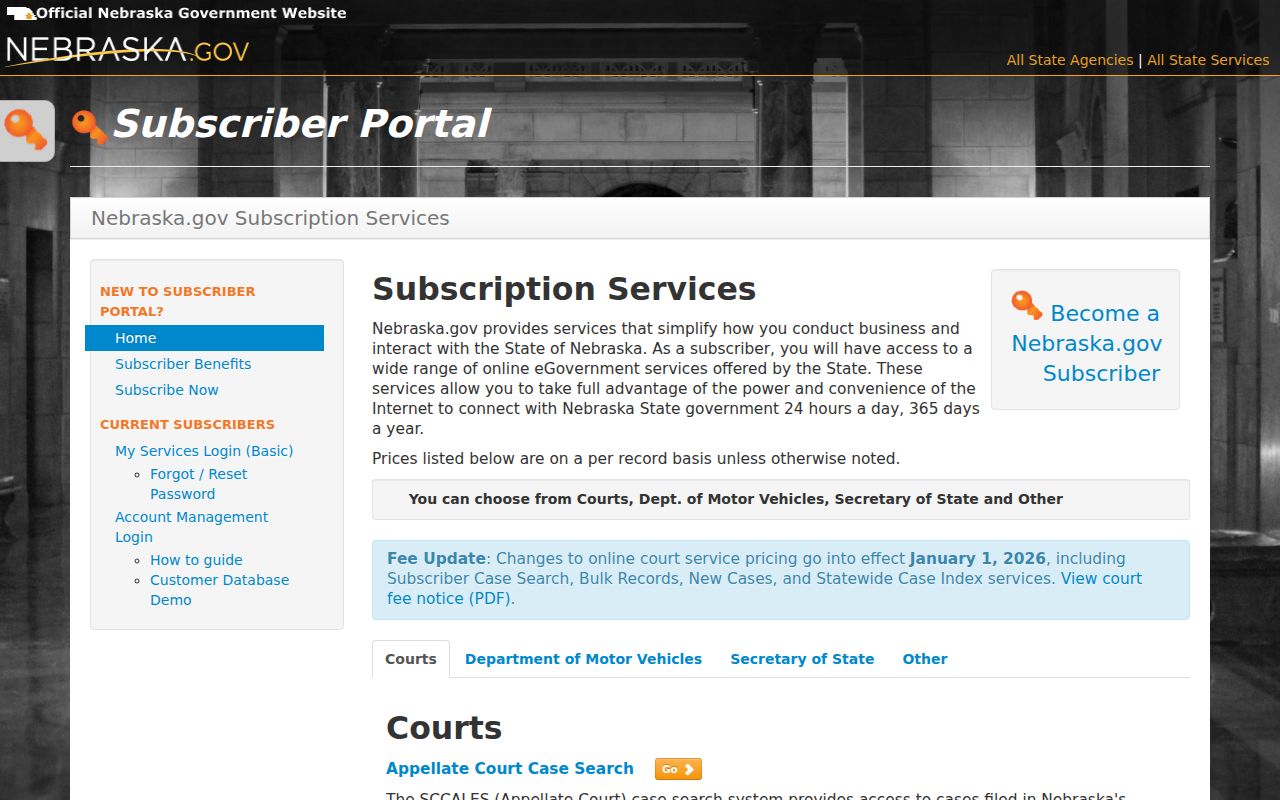 Richardson County case search Nebraska subscriber pricing information