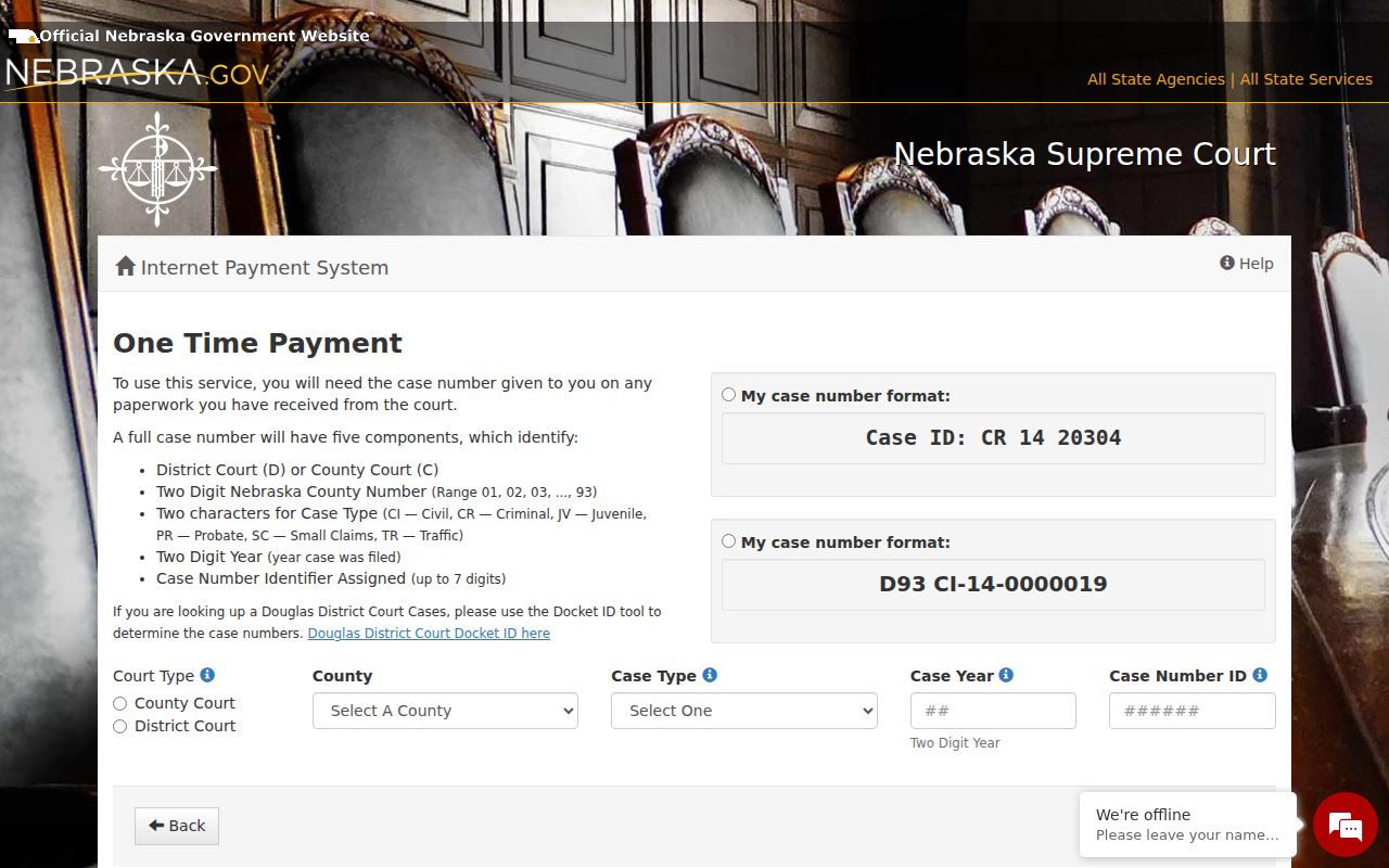 Richardson County traffic ticket one-time case payment fields